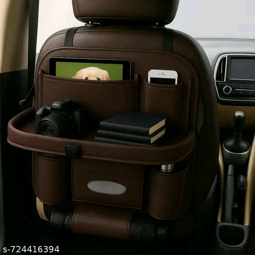 Premium PU Leather Car Backseat Organizer with Foldable Tray Table