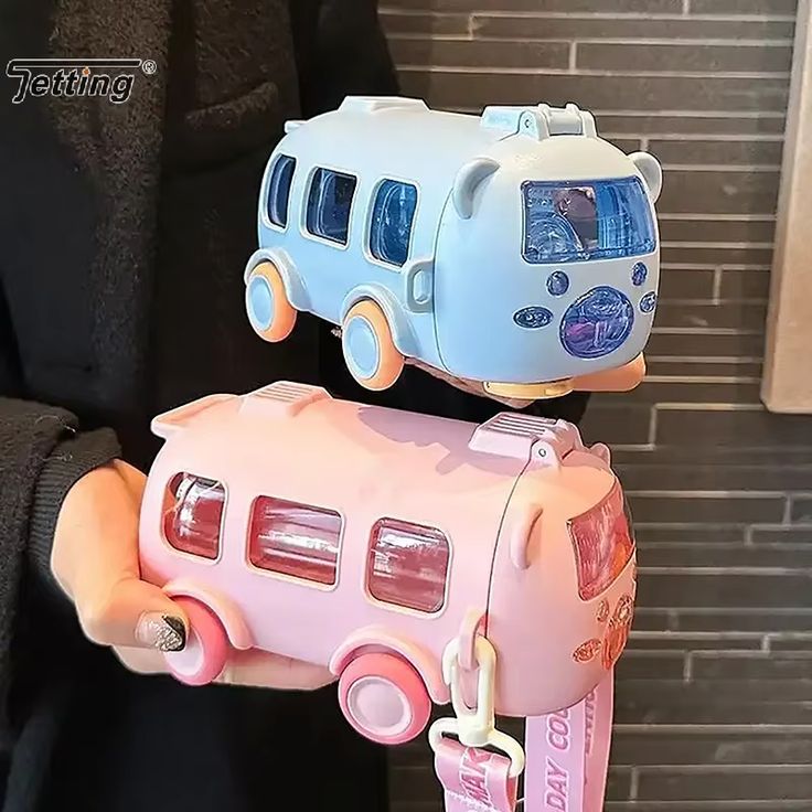 Cute Bus-Shaped Kids School Water Bottle with Straw & Carry Strap