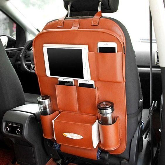 Premium PU Leather Car Backseat Organizer with Foldable Tray Table