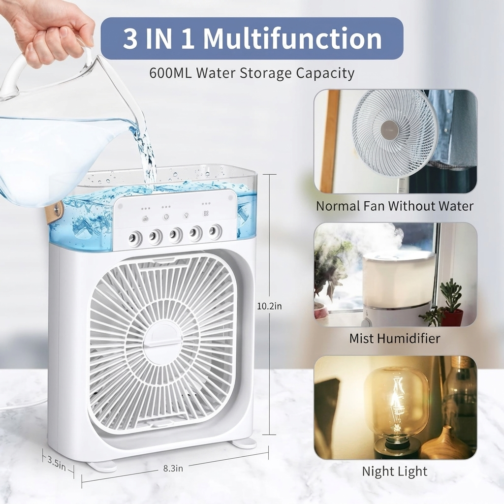Drumstone 𝟏𝟓-𝐘𝐞𝐚𝐫 𝐋𝐨𝐧𝐠-𝐋𝐢𝐟𝐞 𝐖𝐚𝐫𝐫𝐚𝐧𝐭𝐲, Mini Air Cooler for Desk, Personal Evaporative Cooler Fan with 7 Colors LED Light, Mister Spray, Portable AC Fan for Office Table
