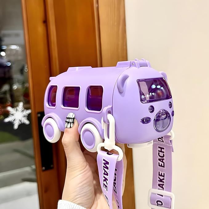 Cute Bus-Shaped Kids School Water Bottle with Straw & Carry Strap