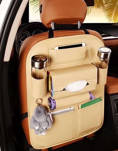 Premium PU Leather Car Backseat Organizer with Foldable Tray Table