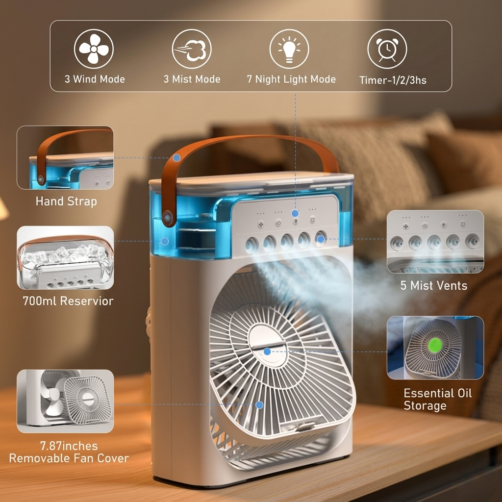 Drumstone 𝟏𝟓-𝐘𝐞𝐚𝐫 𝐋𝐨𝐧𝐠-𝐋𝐢𝐟𝐞 𝐖𝐚𝐫𝐫𝐚𝐧𝐭𝐲, Mini Air Cooler for Desk, Personal Evaporative Cooler Fan with 7 Colors LED Light, Mister Spray, Portable AC Fan for Office Table