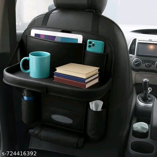 Premium PU Leather Car Backseat Organizer with Foldable Tray Table