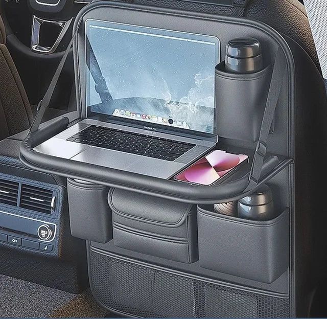 Premium PU Leather Car Backseat Organizer with Foldable Tray Table
