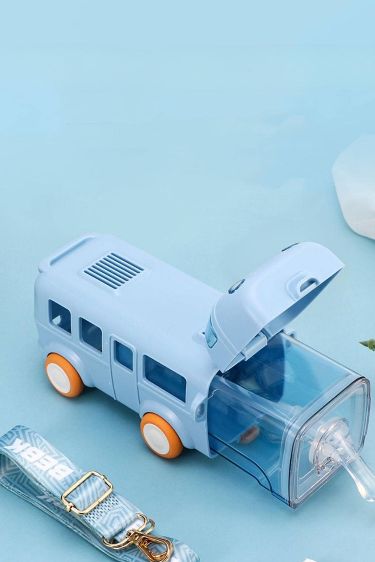 Cute Bus-Shaped Kids School Water Bottle with Straw & Carry Strap
