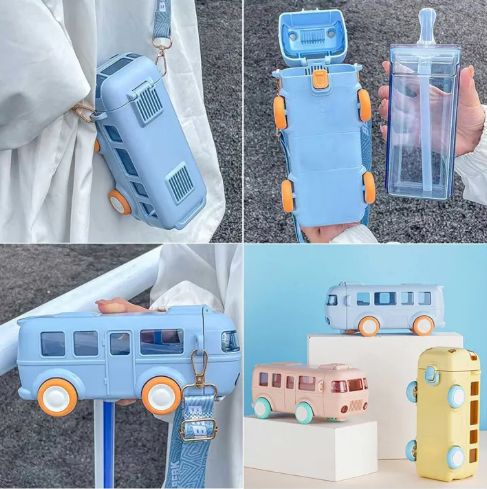 Cute Bus-Shaped Kids School Water Bottle with Straw & Carry Strap
