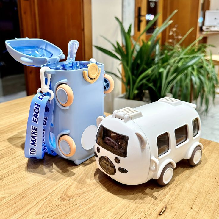 Cute Bus-Shaped Kids School Water Bottle with Straw & Carry Strap