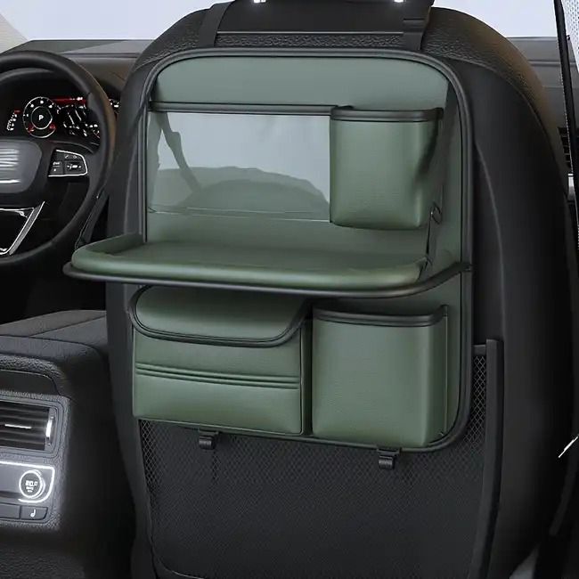 Premium PU Leather Car Backseat Organizer with Foldable Tray Table
