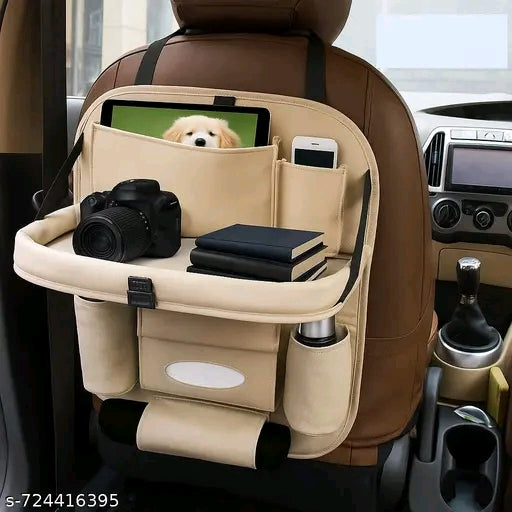Premium PU Leather Car Backseat Organizer with Foldable Tray Table