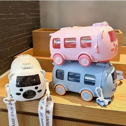 Cute Bus-Shaped Kids School Water Bottle with Straw & Carry Strap